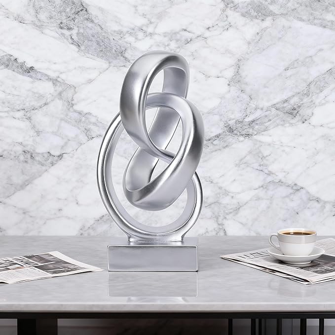 DOVDOV Abstract Silver Knot Sculpture, Geometric Decorative Statue, Silver Accent Piece for Living Room Coffee Table or Bookshelf Surface, Office TV Cabinet or entryway Console Table Decoration.