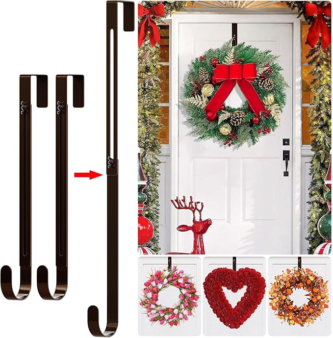2-Pack Wreath Hooks for Front Door, 12.5-20" Extendable Heavy Duty Metal Over The Door Hooks (22 lbs) for Spring Decor & Coats, Slim Damage-Free Hanger for Tall & Screen Doors, Brushed Nickel