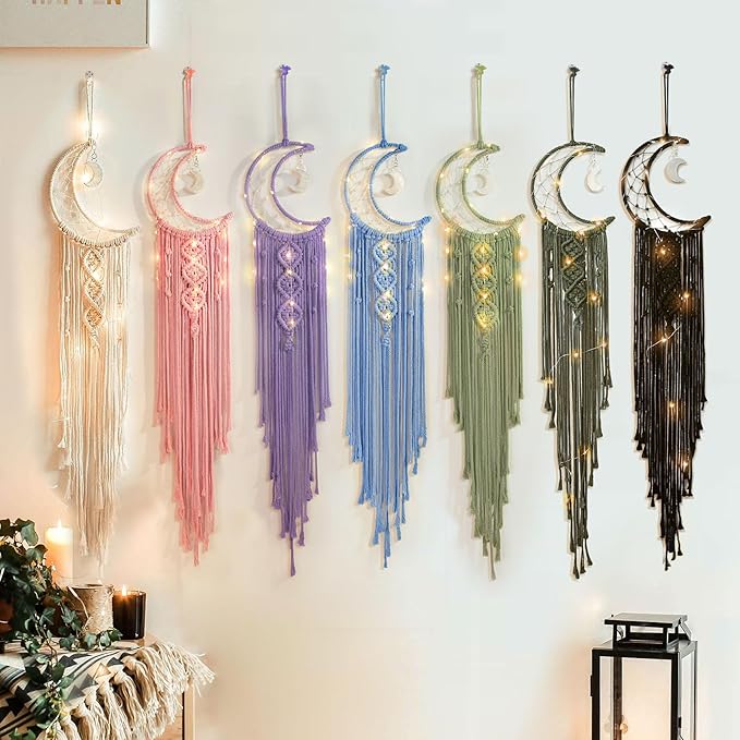 Boho Macrame Woven Wall Hanging, Crochet Crescent Moon Star Dream Catcher with Light- Blue Cotton Handmade Bohemian Home Decor Decoration Art for Kids Bedroom Nursery Dorm Room