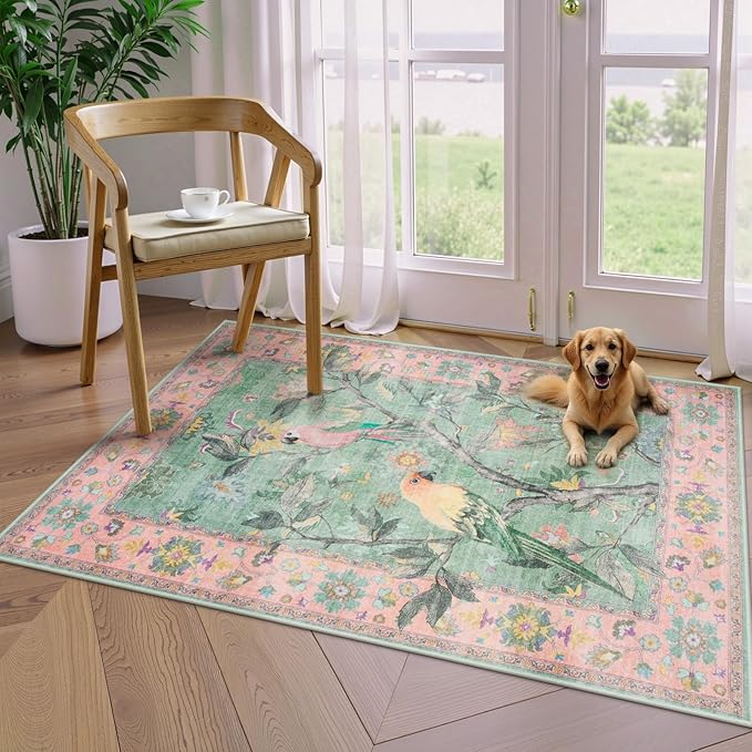 Lahome Botanical Birds Washable 3x5 Pink Living Room Bathroom Rugs for Entryway, Vintage Soft Non Slip Indoor Throw Carpet for Nursery Bedroom Classroom