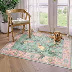 Lahome Botanical Birds Washable 3x5 Pink Living Room Bathroom Rugs for Entryway, Vintage Soft Non Slip Indoor Throw Carpet for Nursery Bedroom Classroom