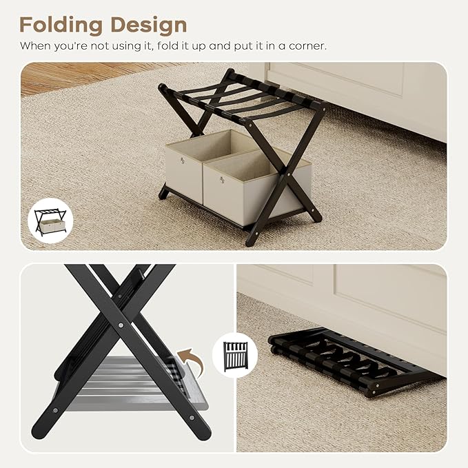 2 Pack Fully Assembled Black Luggage Racks with 4 Storage Boxes, Bamboo 26.77" Foldable Suitcase Stand for Guest Room with 5 Nylon Straps, Luggage Rack Holder with Shelf for Bedroom Hotel