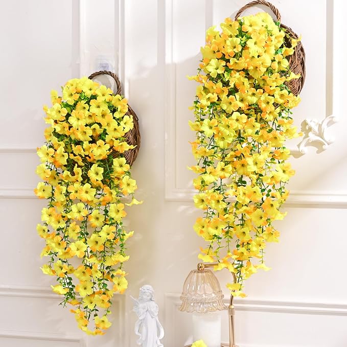 Waipfaru Artificial Petunias Flowers for Outdoors, 4 Pcs UV Resistant Fake Hanging Plants Spring Outside Decor, Faux Silk Flowers Long Trailing Vines for Outdoor Planters Porch Garden (Yellow)