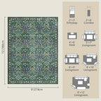 Washable Dark Green Rug for Living Room, 9x12 Large Area Rug for Dining Room, Bedroom, Soft, Low Pile, Non-Slip & Stain Resistant - Vintage Floral Design Carpet
