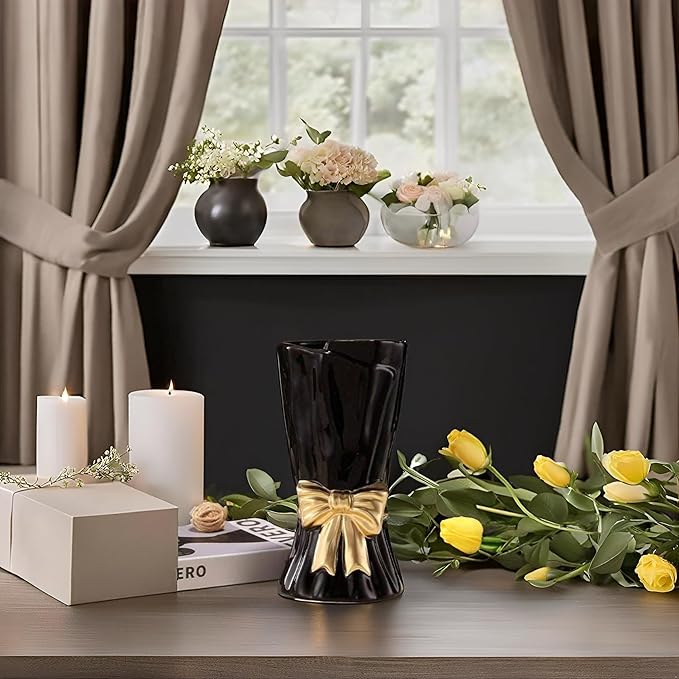 Bow Vase, Black Flower Vase for Home Decor, Black Ceramic Vases for Boho Style, Bow Decor, 9.3 Inch Flower Vases for Bouquet, Ideal Shelf Decor/Table. (Large)