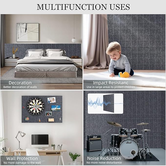 Large Felt Cork Board Alternative - 36" x 24" Bulletin Board with 30 Pushpins, 6 Pack Adhesive Cork Board, Sound Absorbing Fabric Wall Tiles, for Office Home Music Class, Dark Gray