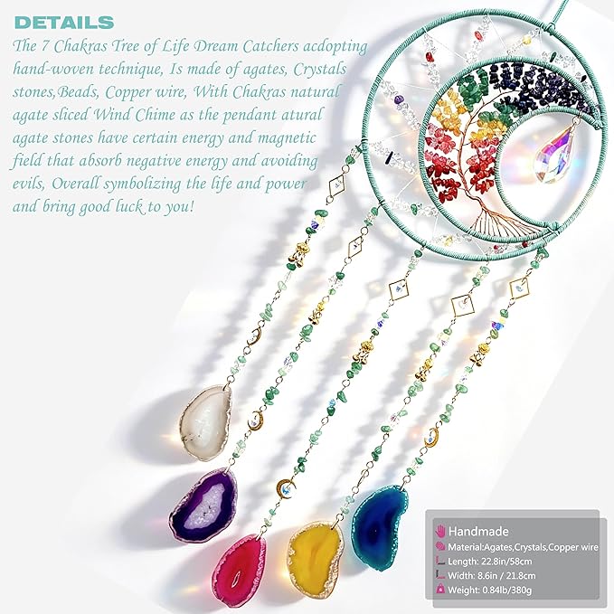 Large Dream Catchers, Chakra Tree of Life Dreamcatcher with Rainbow Healing Crystal Agate Suncatcher for Windows Hangings Prism Decoration Gifts for Adult Boys Bedroom Garden Room Decor