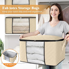 Fab totes 10 Pack Clothes Storage, Foldable Thick Fabric Blanket Storage Bags, Containers for Organizing Bedroom, Closet, Clothing, Comforter, Organization with Handle,Beige