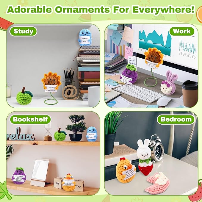 VioraWhite 18 Pcs Positive Crochet Animal Fruit Sunflower Emotional Dolls Bulk Encouragement Emotional Knitted Gifts with Positive Words for Friends Coworker Decorations for Home Office