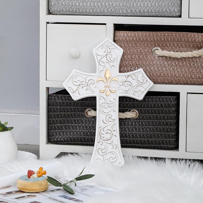 TRENDIN Gold Cross for Wall, Rustic Wooden Cross with Fleur de Lis, Decorative Hanging Christian Wall Art for Home, Living Room, or Bedroom, Distressed White