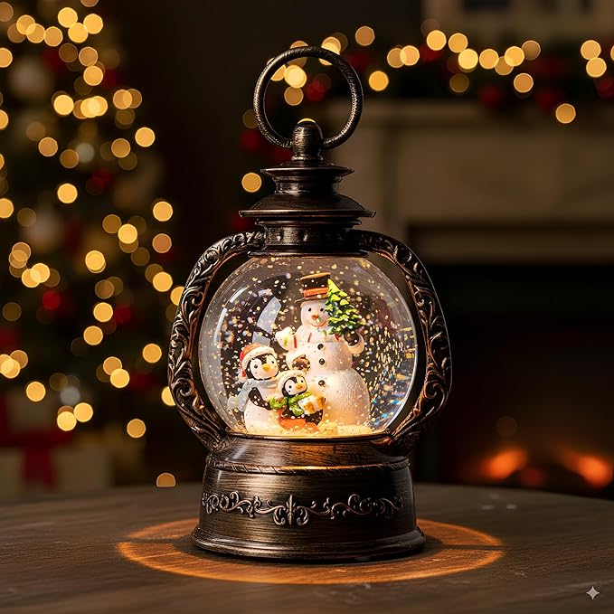 Christmas Snow Globe Lantern Water Glittering Snowman & Penguins with Music & Timer, USB Lined/Battery Operated Lighted Lantern for Christmas Festival Decoration Gifts