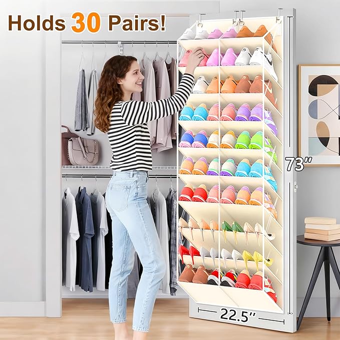 20-30 Pairs Over the Door Shoe Organizer, Clear Pockets Hanging Shoe Storage for Closet, 10-Tier Door Shoes Rack, Handing Shoes Holder Fit All the Family's Sneakers, Boots, Heels, Beige
