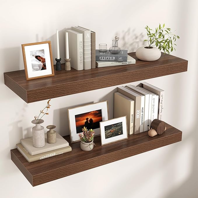 Venusmiles Floating Shelves for Wall, 40" W x 12" D x 2" H, 2 Pack of Long Wall Mounted Engineered Wood Shelves with Invisible Brackets for Living Room, Bedroom, Bathroom, Kitchen Decor, Walnut
