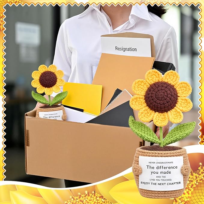 Wavwavw Coworker Leaving Gifts for Women Men, Positive Flower Doll Crochet with Card Funny Farewell Going Away Goodbye Gifts for Coworkers Employee Teacher Friends Retirement(Stylish Style)