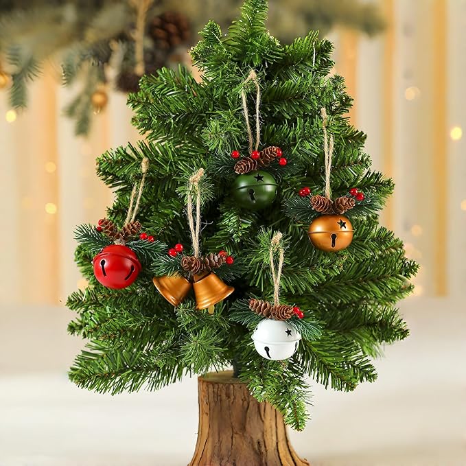 5 Pack Rustic Christmas Bell Ornaments with Pinecones & Berries - Metallic Hanging Decor for Christmas Tree,Mantel,Home (Green,Gold,Red,White)