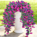 Artificial Hanging Flowers for Outdoors, 6 PCS Silk Morning Glory Artificial Flowers with Eucalyptus Leaves, UV Resistant Fake Flower Realistic Faux Plants for Home Patio Porch Garden, Purple+Fuchsia