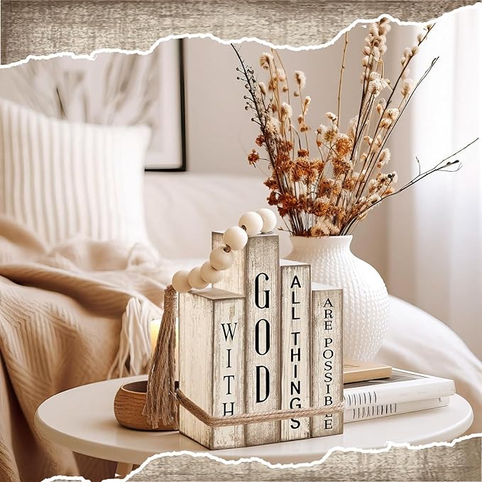 Lineshading 4 Pcs Christian Table Decor Wooden Book Stack Decor with God All Things are Possible Farmhouse Centerpiece with Beaded Garland Tassel Christian Home Decorations for Office, Shelf, Gift