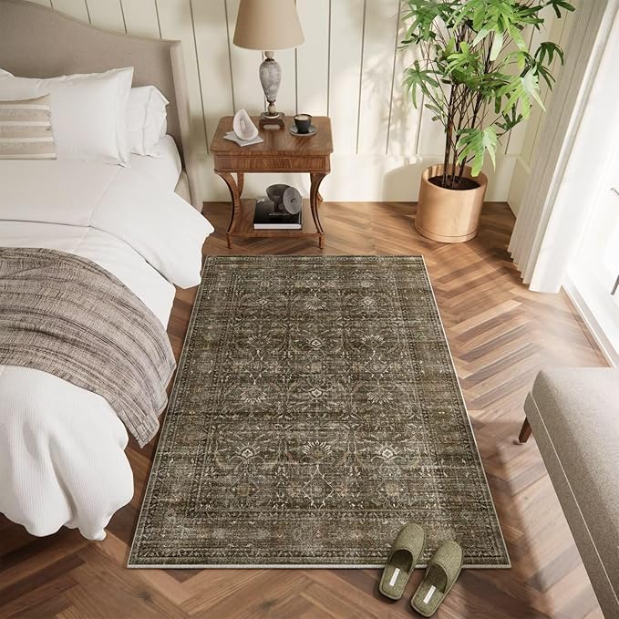 Washable 3x5 Entryway Rug, Boho Non-Slip Vintage Distress Small Rugs for Kitchen Nursery Office Bedroom, 0.3" Neutral Oriental Throw Thin Carpet with Cushioning Pad, Rust/Multi