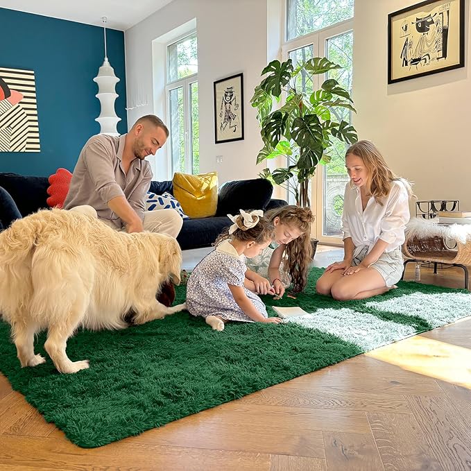 OLANLY 5x8 Machine Washable Large Area Rugs for Living Room, Bedroom, Soft Fluffy Shaggy Bedside Rug, Indoor Floor Carpet for Kids Girls and Boys, Dorms, Nursery, Home Decor Aesthetic, Dark Green