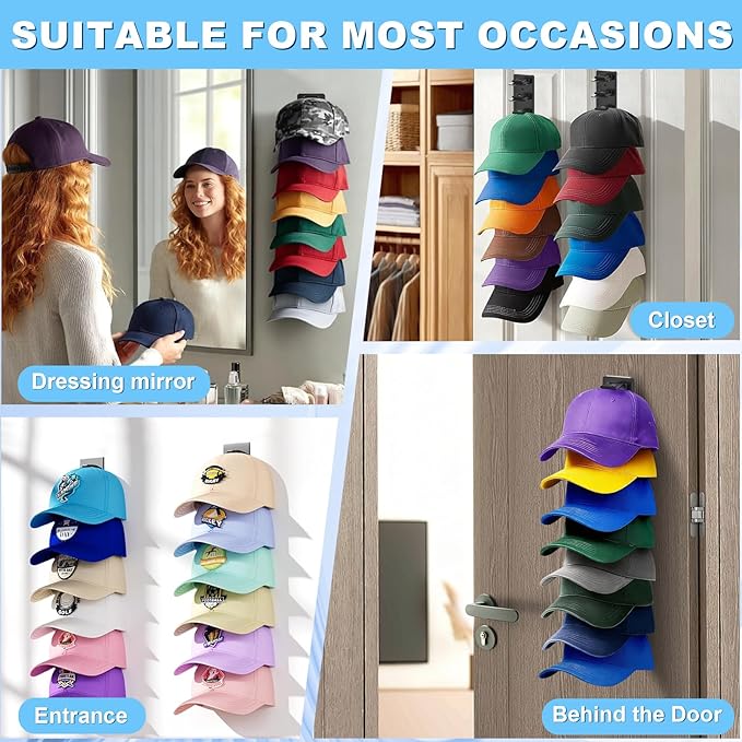 Eiito Hat Organizer for Baseball Caps, 2 Pack Strong Adhesive Hat Rack for Wall, Multilayer Hat Storage Display Holder, Wall Mounted Hat Hooks Hold up to 16 Hats for Closet Door and Bedroom (Black)
