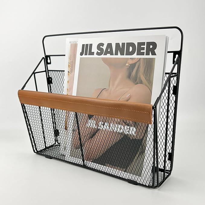 Leather-Accented Wall File Holder, Art Deco Wall-Mounted Magazine Rack, Hanging Mail Organizer, Metal Wire Hanging File Organizer for Home, School, Office, Hanging Folder Organizer