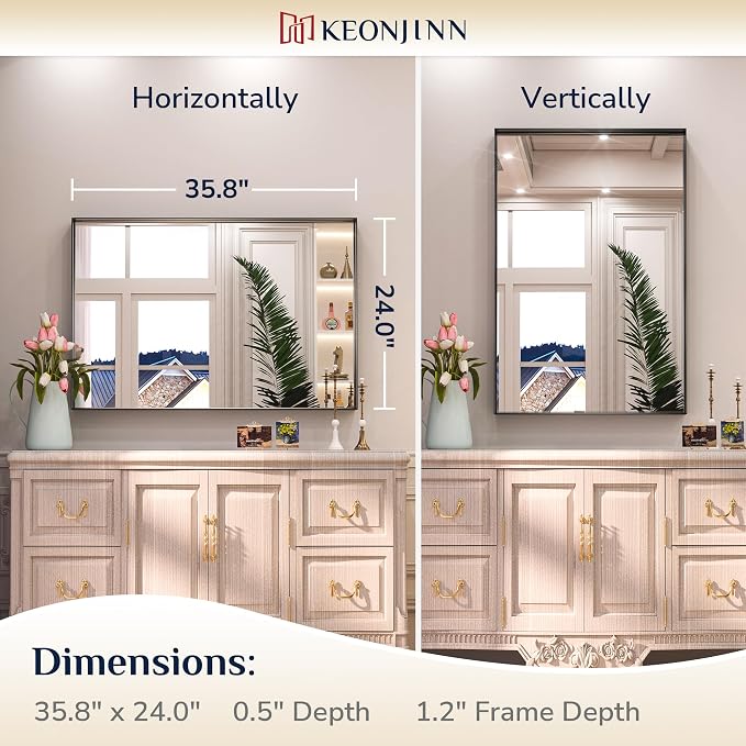 Keonjinn Black Bathroom Mirror 24 x 36 Inch, Rectangular Wall Mirror Brushed Metal Frame, Black Modern Farmhouse Mirrors, Framed Rectangle Bathroom Mirrors for Over Sink(Horizontal/Vertical)