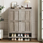 Grey 7+1 Tier Farmhouse Shoe Storage Cabinet - 45" Tall Entryway Organizer with Cross Molding Doors, 3 Adjustable Shelves & Metal Legs, Shoe Rack for Front Door Entrance
