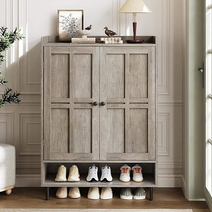 Grey 7+1 Tier Farmhouse Shoe Storage Cabinet - 45" Tall Entryway Organizer with Cross Molding Doors, 3 Adjustable Shelves & Metal Legs, Shoe Rack for Front Door Entrance