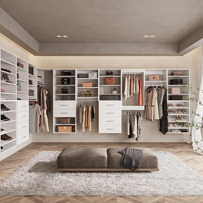 ROOMTEC Modular Closet System, 96" Closet Organizer with Hanging Rods, Wall-Mounted Wooden Tower for Walk-In Closets, Wardrobe Storage Kit, White
