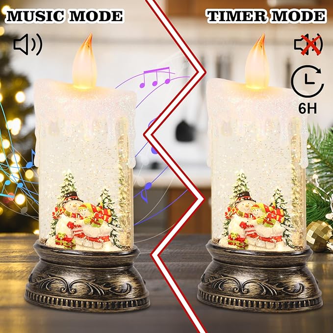 Christmas Snow Globe Candle with Timer & Music, Snowman Family Scene, Swirling Glittering Candle Shaped Snow Lantern, USB/Battery Operated Lighted Lantern for Christmas Decoration