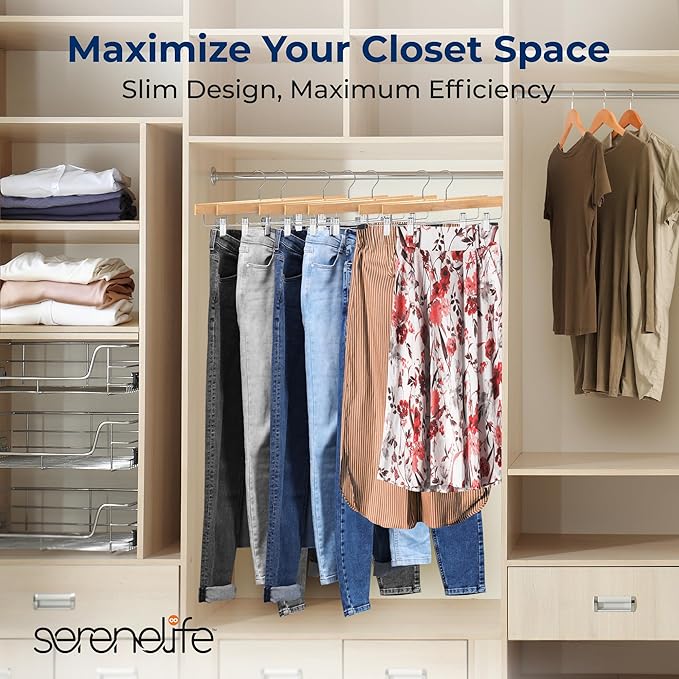 SereneLife 30 Pack Skirt and Pant Hanger with Adjustable Non-Slip Steel Clips, Premium Wooden, 360° Swivel Hook & 10 lb Capacity – Space-Saving Heavy-Duty Hangers for Jeans, Shorts & Slacks (Natural)
