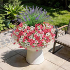 INQCMY Artificial Flowers for Outdoors UV Resistan 12 Pcs Silk Daisies with Eucalyptus Leaves and 2 Pcs Lavender Suitable for Porch Balcony Courtyard Garden (Rose Red White)
