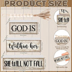 Lineshading 4 Pcs Christian Table Decor Rustic Wooden Block Sign Set with God Is Within Her She Will Not Fall Farmhouse Stacked Decor with Beaded Garland Tassel Christian Home Decors for Office, Shelf