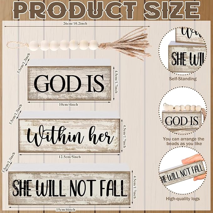 Lineshading 4 Pcs Christian Table Decor Rustic Wooden Block Sign Set with God Is Within Her She Will Not Fall Farmhouse Stacked Decor with Beaded Garland Tassel Christian Home Decors for Office, Shelf