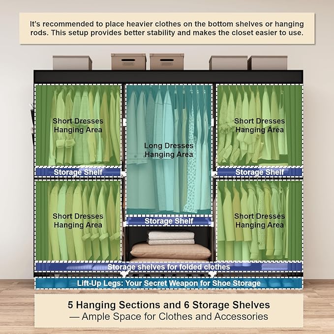 83" Closet Wardrobe, Portable Closet for Bedroom, Freestanding Clothes Rack with Non-Woven Fabric Cover, 5 Hanging Rods, 6 Storage Shelves, Clothes Storage Organizer, Black
