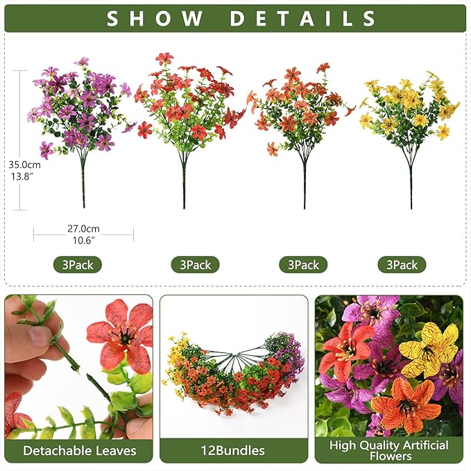 Artificial Flowers for Outdoors 12 Bundles Realistic Faux Silk Flower with Eucalyptus Stem, Fake Plants UV Resistant No Fade for Outside Planter Porch Patio Yard Window Garden Spring Summer Decoration