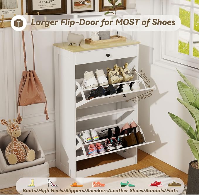 Shoe Cabinet with 2 Flip Drawers, Slim Wooden Hidden Shoe Organizer with Drawer, Pet-Proof Narrow Shoe Storage Cabinet for Entryway Living Room Behind The Door