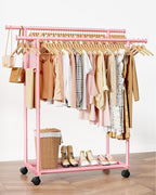 Metal Clothes Rack - Double Rod Clothing Rack with Fixed Design and Rolling Wheels, Coat Rack with Built-In Shelf for Closet Organizers and Storage (38.5" x 16.9" x 59.0", Pink)