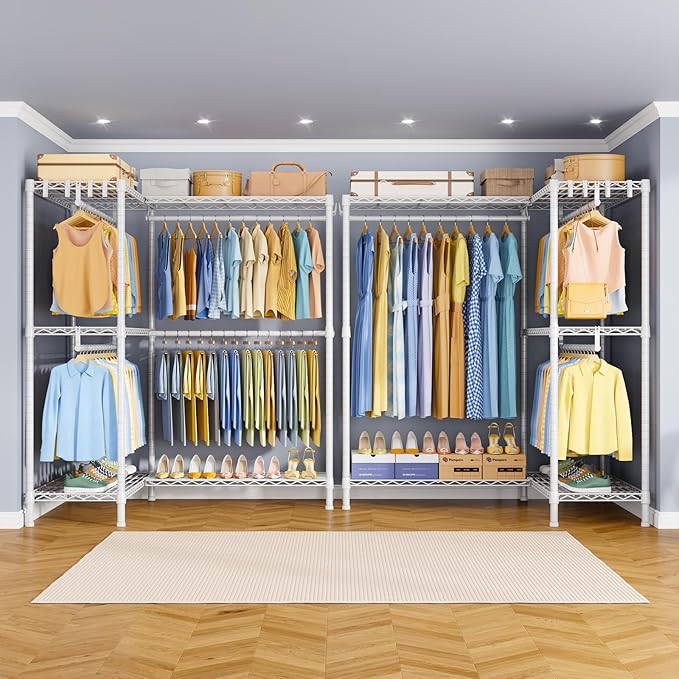 E15 Pro Garment Rack L Shaped Clothes Rack for Corner，Freestanding Clothing Racks for Hanging Clothes，Heavy Duty Closet System with 4 Hanging Rods & 8 S Hooks，48.8"W x 15.8"D x 78.4"H，White