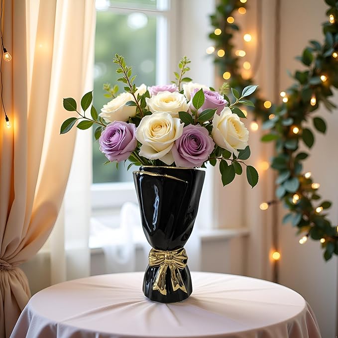 Black and Gold Bow Ceramic Vase - Flower Vases for Home Decor, Bow Decor, Boho Style, 9.65 Inch Flower Vases for Bouquet, Large Vase for Ideal Shelf Decor/Table (Black and Gold, Large)