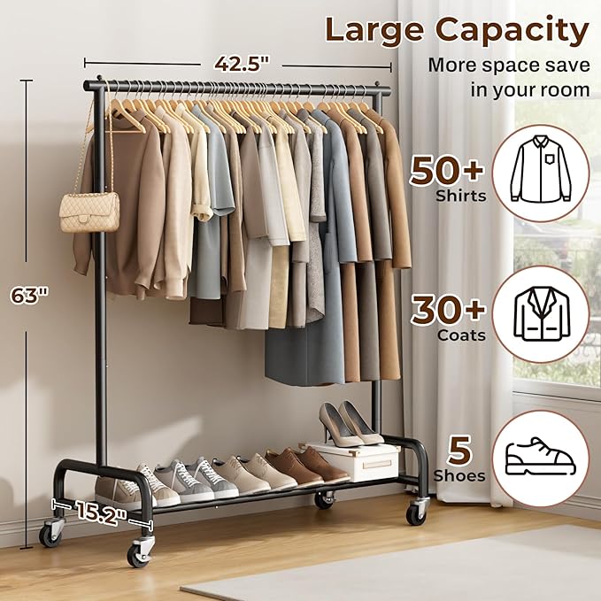 MISSLO Heavy Duty Clothes Rack for Hanging Clothes Rolling Clothing Rack Heavy Duty on Wheels for Coat, Garment, Matte Black (Single Rod)