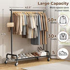 MISSLO Heavy Duty Clothes Rack for Hanging Clothes Rolling Clothing Rack Heavy Duty on Wheels for Coat, Garment, Matte Black (Single Rod)