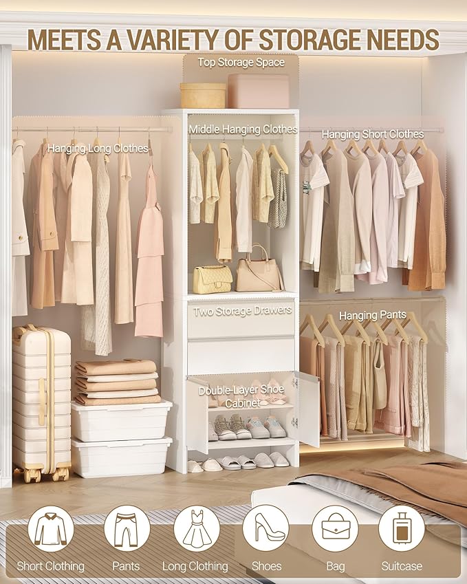 Closet System, Closet Organizer System with 4 Hang Rods, Walk-in Wooden Storage Systems with 2 Drawers & Shoe Cabinet, Fits Spaces 4-9.8FT, Wardrobe Clothes Rack Garment Rack, White MC00103E