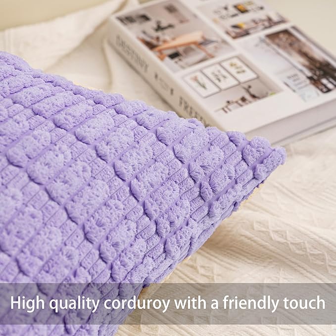 Aegero Pack of 2 Corduroy Decorative Throw Pillow Covers 18x18 Inch Soft Striped Pillow Covers Modern Farmhouse Home Decor for Sofa Living Room Couch Bed（Purple）