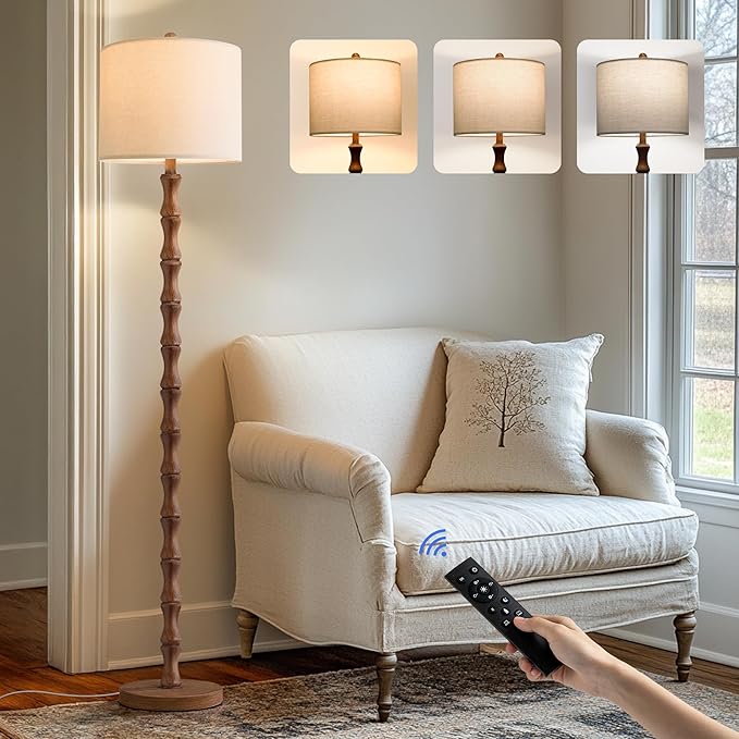 BOBOMOMO 62" Rustic Farmhouse Floor Lamp with Remote & Dimmable 9W Bulb, 3 Color Temperatures Tall Resin Standing Lamp, Retro Floor Lamp for Living Room, Bedroom, Office, Nursery, Reading Nock