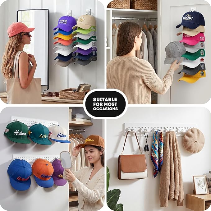 2 Pack Hat Organizer for Baseball Caps, Detachable DIY Hat Rack for Wall Hat Holder Hold up to 22 Hats, Baseball Cap Organizer Cap Holder Hat Hangers for Wall Closet Door Bedroom (C-White)
