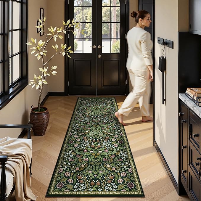 Moynesa Floral Kitchen Runner Rug 2x6, Washable Runners for Hallways Non Slip Green Soft Bathroom Carpet Runner, Boho Ultra Thin Botanical Throw Rug for Laundry Room Entryway, Green