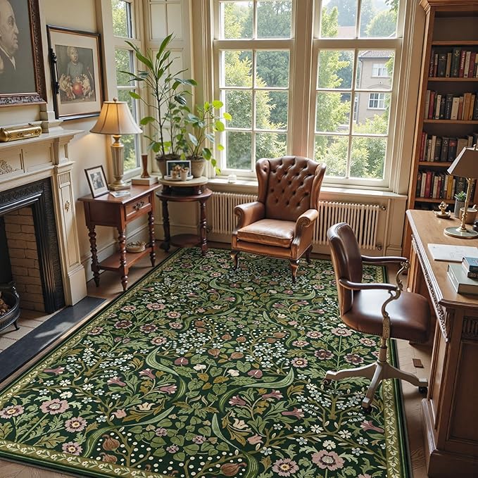 Moynesa Floral 6x9 Area Rugs, Washable Green Rugs for Living Room, Boho Large Soft Bedroom Rug, Non Slip Ultra Thin Botanical Indoor Floor Carpet for Dining Room Home Office, Green