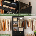 Closet System, 4.2–8.8 FT Closet Organizer with 2 Wooden Drawers and Shelves, Walk-in Closet System with 5 Hang Rods, Built-in Closet Tower, Can Fit 60 to 96 inch, Black