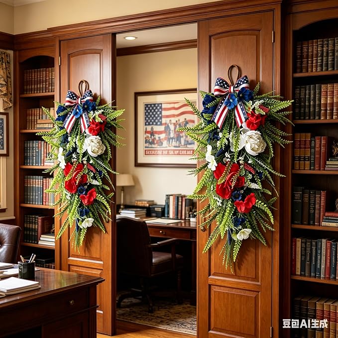 2 Pack 21'' Patriotic Teardrop Swag Wreaths Artificial 4th of July Red White Blue Floral Swag with Fern Leaves Peonies Roses for Independence Day Memorial Day Front Door Porch Cabinet Window Wall